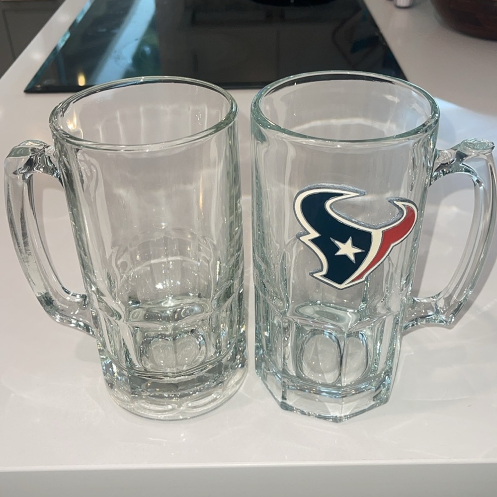 HOUSTON TEXANS (EUC) Heavy Duty Clear Glass Macho Mug & 1 Plain Mug With Handle.